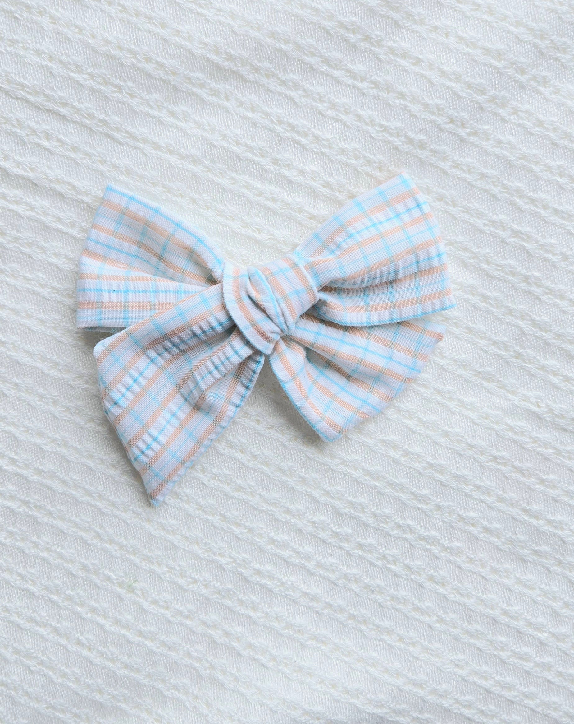 Large Pinwheel Bow • Peach Blue Plaid