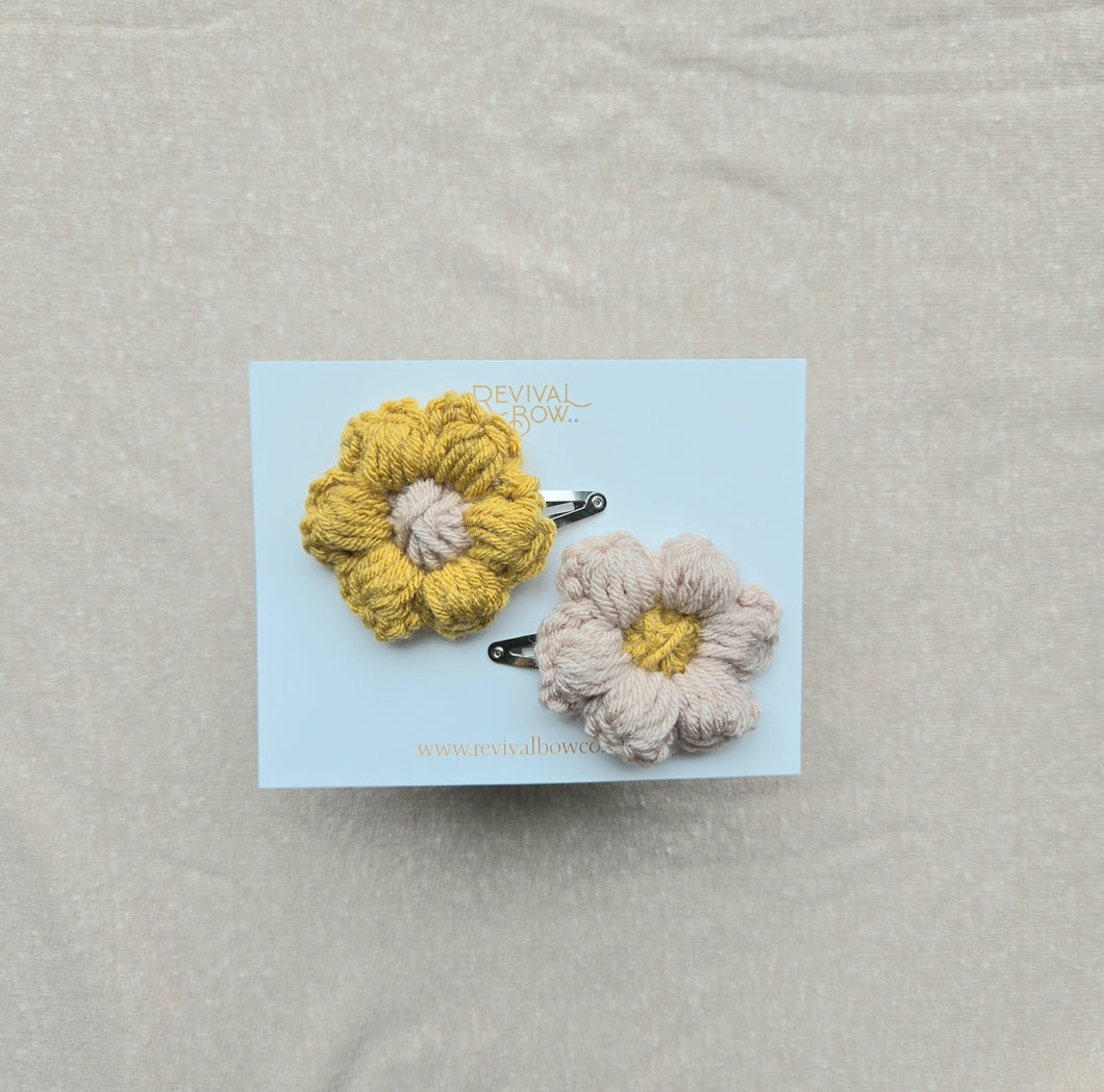 Crochet Flower Snap Clip Set • Dusty Pink/Mustard