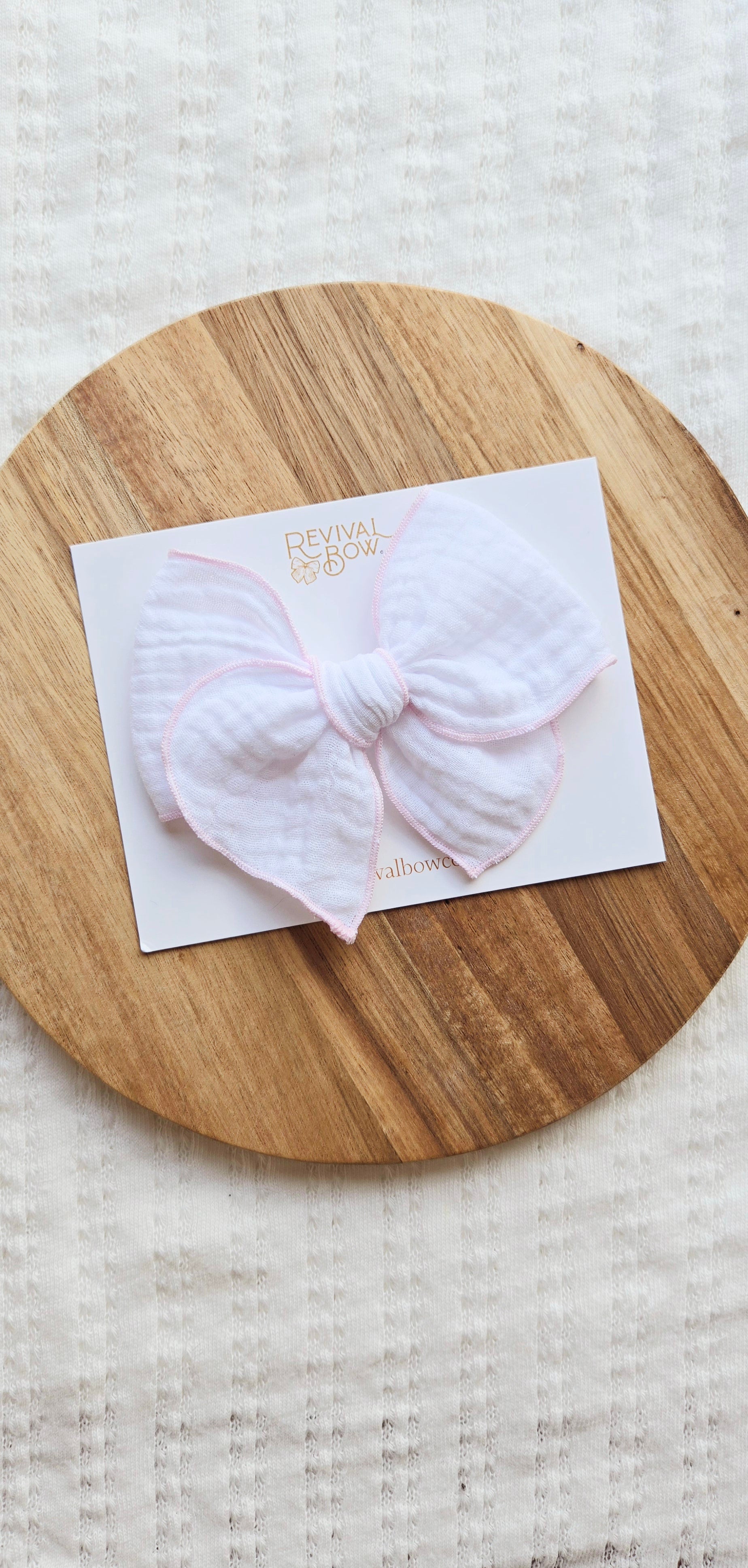 Fable Bow • White Gauze with Pink Trim